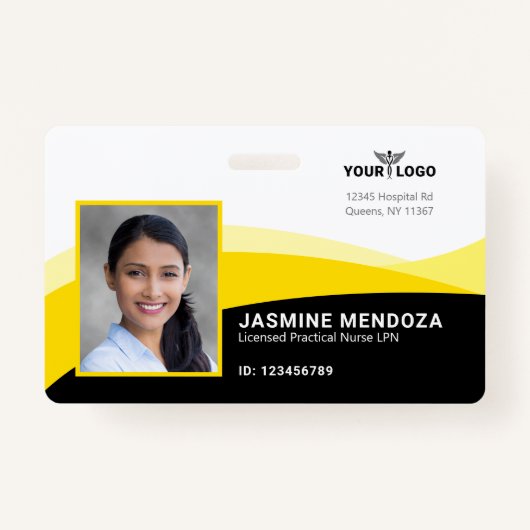 Black Yellow Sjabloon Business Logo Photo Name ID Badge (Voorkant)