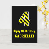 Black & Yellow Striped "4"; 4th Birthday + Name Kaart (Gele Bloem)