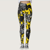 Black Yellow White Floral Toile Flower Garden Leggings (Voorkant)
