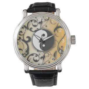 Black Yin & Yang op Bronze achtergrond Horloge