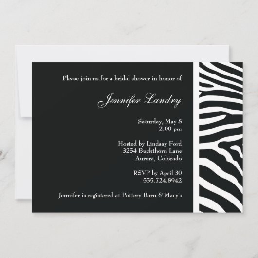 Black Zebra Bridal Shower-uitnodiging Kaart (Voorkant)