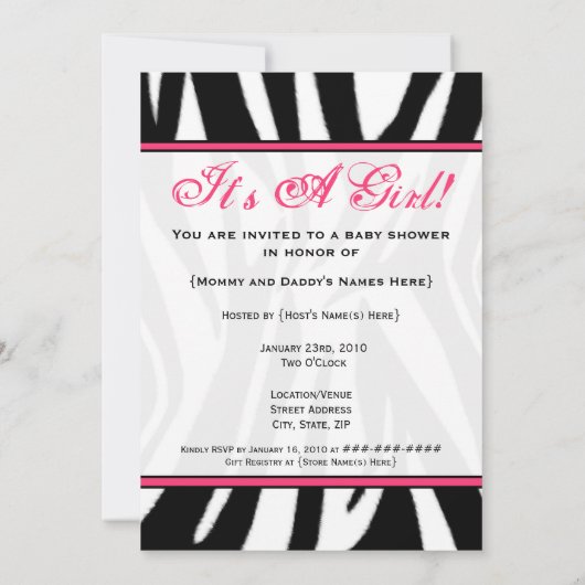 Black Zebra Print en Roze Baby shower Invitation Kaart (Achterkant)