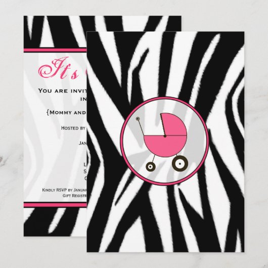 Black Zebra Print en Roze Baby shower Invitation Kaart (Voorkant / Achterkant)