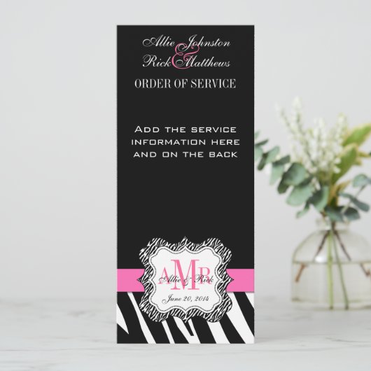 Black Zebra Print Monogram Weddenschap Programma Programmakaart (Staand voorkant)