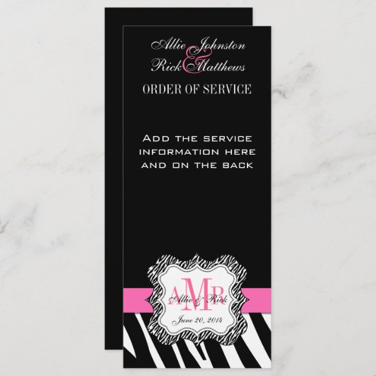 Black Zebra Print Monogram Weddenschap Programma Programmakaart (Voorkant / Achterkant)
