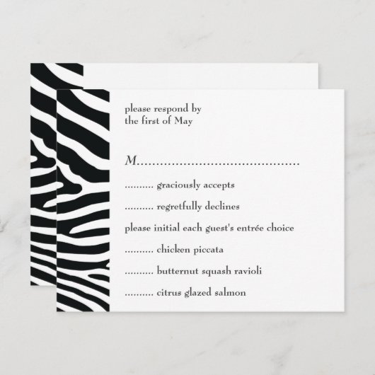 Black Zebra Print Response/Menu Card RSVP Kaartje (Voorkant / Achterkant)