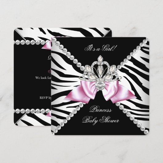 Black Zebra Roze Bow Princess Baby shower 3 Kaart (Voorkant / Achterkant)
