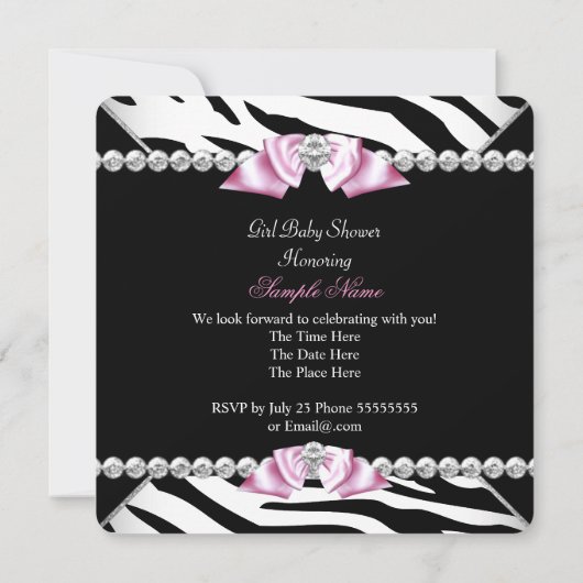 Black Zebra Roze Bow Princess Baby shower 3 Kaart (Achterkant)
