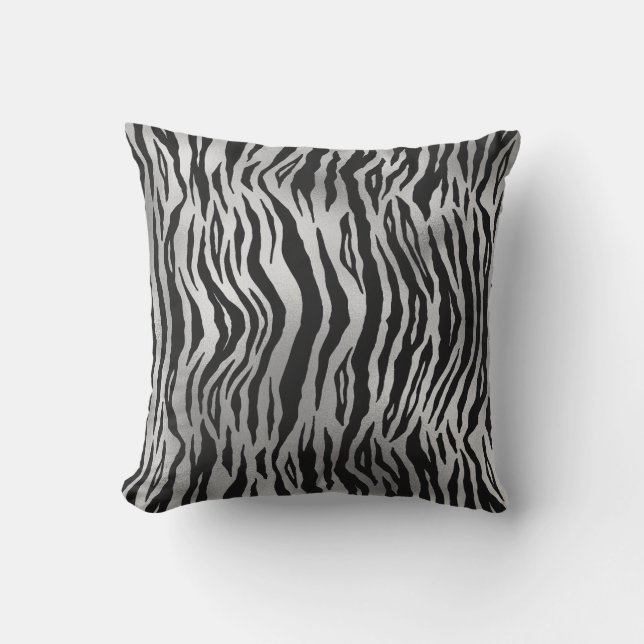 Black Zebra Stripes Animal Print Silver Luxury Buitenkussen (Voorkant)