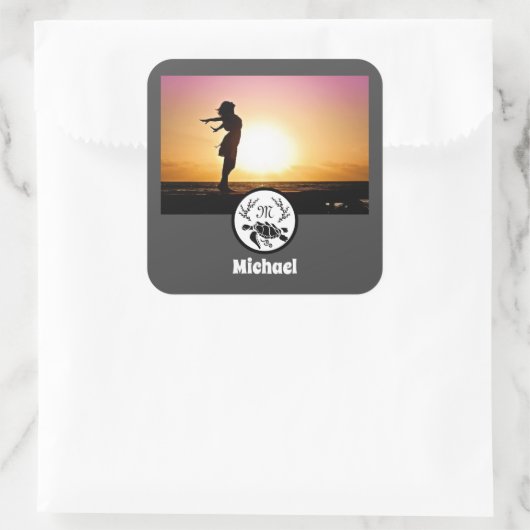 Black Zee Turtle Silhouette Photo Monogram Vierkante Sticker (Tas)