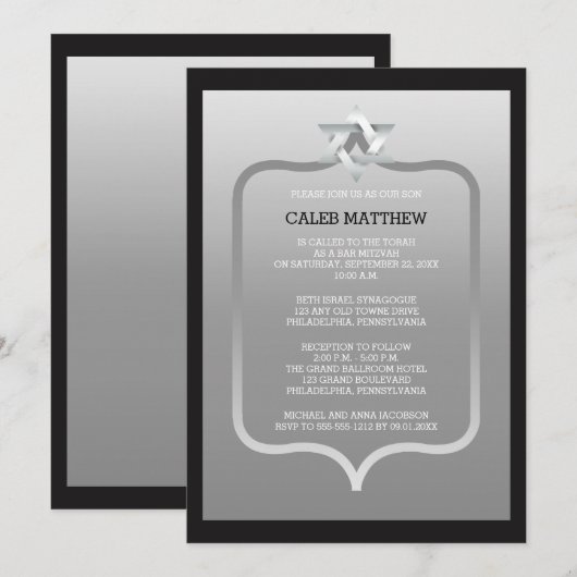 Black | Zilverster David Brackets Bar Mitzvah Kaart (Voorkant / Achterkant)