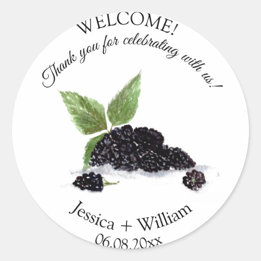 Blackberries Berry Fruit Waterverf Modern Bruiloft Ronde Sticker (Voorkant)