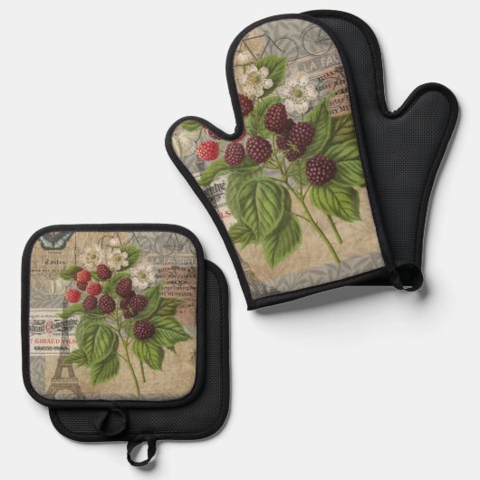 Blackberries Bloementuin Bloemvlinder Kunst Ovenwant & Pannenlap Set (Voorkant / Achterkant)