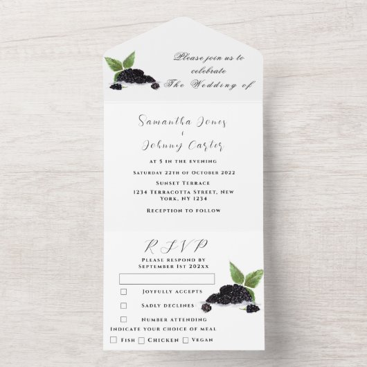 Blackberry Fruits Summer Elegant Rustic Wedding All In One Uitnodiging (Binnen)