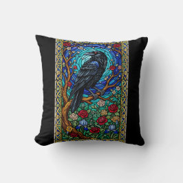 Blackbird Stained Glass Corvid Raven Kussen