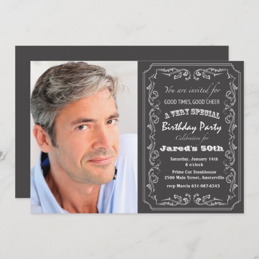 Blackboard Birthday Photo Invitation Kaart (Voorkant / Achterkant)