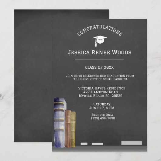 Blackboard Books Teacher Afstuderen Invitation Kaart (Voorkant / Achterkant)