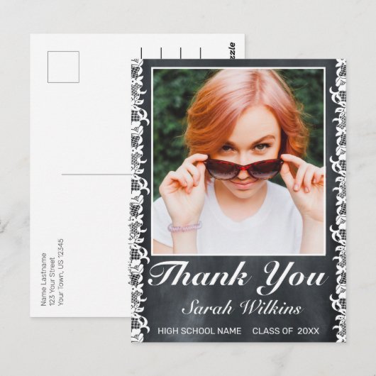 Blackboard en White Lace Afstuderen Foto Bedankt Briefkaart (Voorkant / Achterkant)