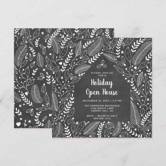 Blackboard Rustic Floral Christmas Open House Kaart (Voorkant / Achterkant)