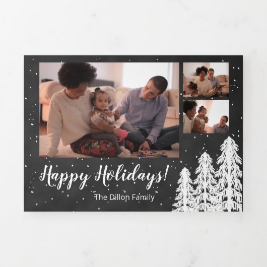 Blackboard Snowy Pine Tree Forest Holiday 6-foto Drieluik Wenskaart (Cover)