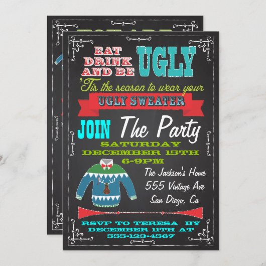 Blackboard Ugly sweater kerstparty nodigt uit Kaart (Voorkant / Achterkant)
