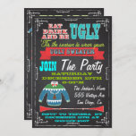 Blackboard Ugly sweater kerstparty nodigt uit Kaart<br><div class="desc">Geweldig lelijke trui-kerstfeest in een krijtbordstijl. Moderne brieven,  banners en een lelijke trui tegen een zwarte achtergrond. De rug is groot zoals de voorzijde met de oude Retro Santa Claus klemkunst en partijinformatie. Met de hand getekende illustratie door McBooboo.</div>