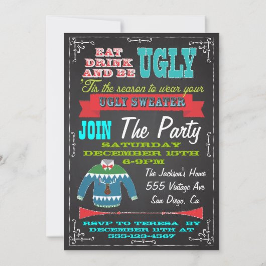 Blackboard Ugly sweater kerstparty nodigt uit Kaart (Achterkant)