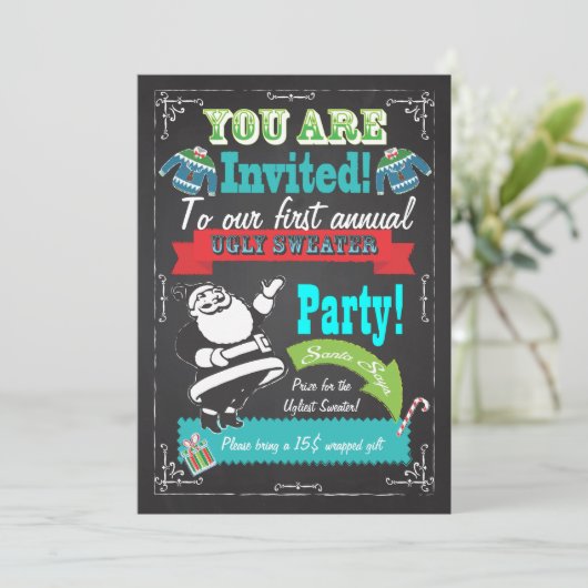 Blackboard Ugly sweater kerstparty nodigt uit Kaart (Staand voorkant)