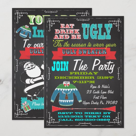 Blackboard Ugly sweater kerstparty nodigt uit Kaart (Voorkant / Achterkant)