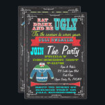 Blackboard Ugly sweater kerstparty nodigt uit Kaart<br><div class="desc">Geweldig lelijke trui-kerstfeest in een krijtbordstijl. Moderne brieven,  banners en een lelijke trui tegen een zwarte achtergrond. De rug is groot zoals de voorzijde met de oude Retro Santa Claus klemkunst en partijinformatie. Met de hand getekende illustratie door McBooboo.</div>