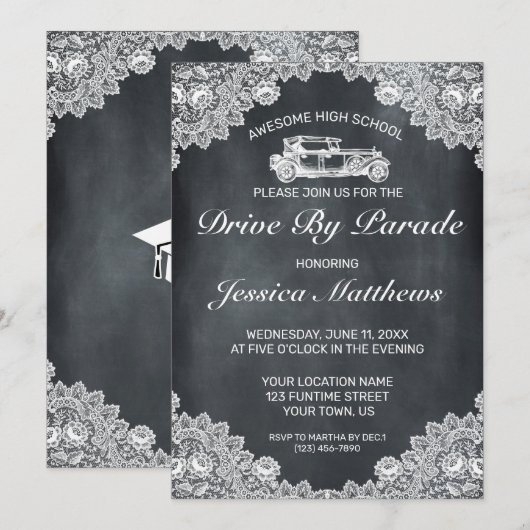 Blackboard & White Lace Afstuderen Drive by Parade Kaart (Voorkant / Achterkant)