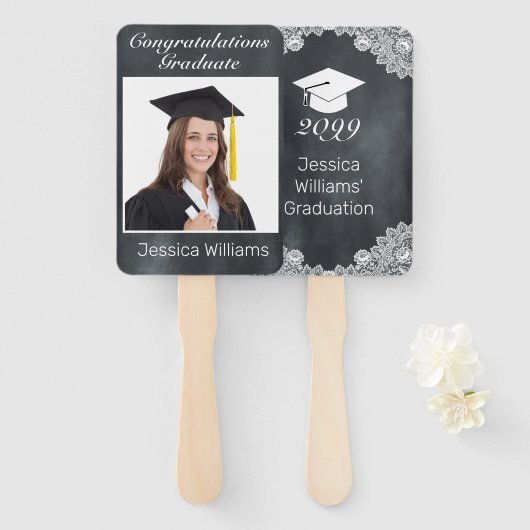 Blackboard & White Lace Afstuderen Foto hand Fan Handwaaier (Voorkant en achterkant)