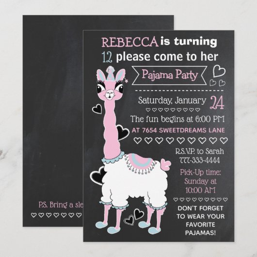 Blackboard Zwart Wit Roze Llama 12e Sleepover Kaart (Voorkant / Achterkant)
