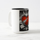"Blackened Bonds: Gun, Bracelet, Heart Inferno" Tweekleurige Koffiemok (Voorkant links)