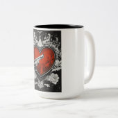 "Blackened Bonds: Gun, Bracelet, Heart Inferno" Tweekleurige Koffiemok (Voorkant rechts)