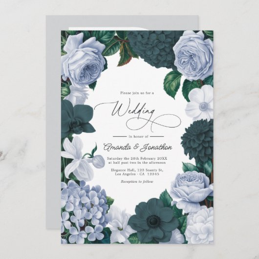 Blackened Teal, Mist Blue & Pearl White Wedding Kaart (Voorkant / Achterkant)