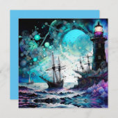 Blacklight-vuurtoren en zeilboot stormachtige zeee (Voorkant / Achterkant)