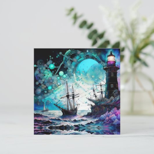 Blacklight-vuurtoren en zeilboot stormachtige zeee (Staand voorkant)