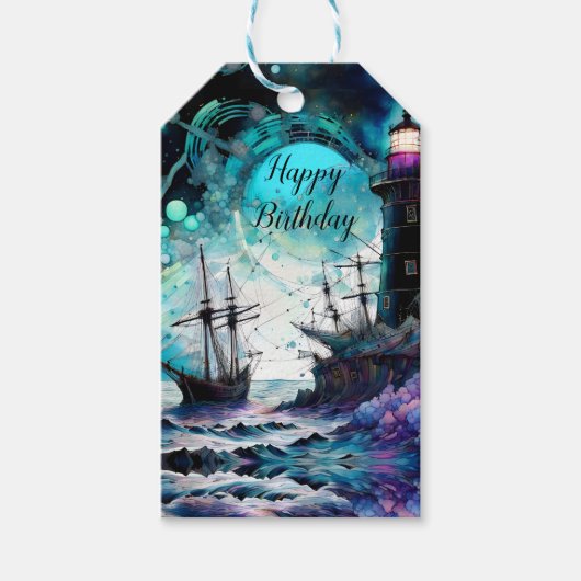 Blacklight-vuurtoren en zeilboot stormachtige zeee cadeaulabel (Voorkant)
