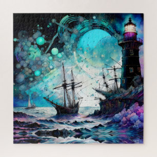 Blacklight-vuurtoren en zeilboot stormachtige zeee legpuzzel