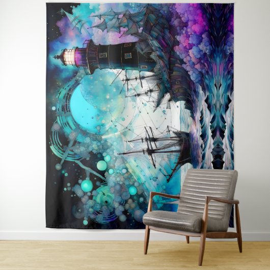 Blacklight-vuurtoren en zeilboot stormachtige zeee wandkleed (In situ)