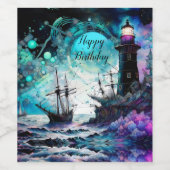 Blacklight-vuurtoren en zeilboot stormachtige zeee wijn etiket (Enkel label)