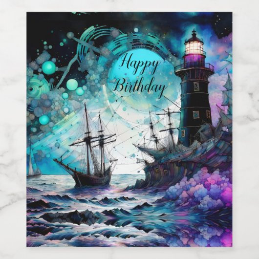 Blacklight-vuurtoren en zeilboot stormachtige zeee wijn etiket (Enkel label)