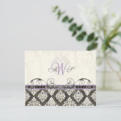 Black'n White Damask (lila) RSVP-reactiekaart RSVP Kaartje (Staand voorkant)