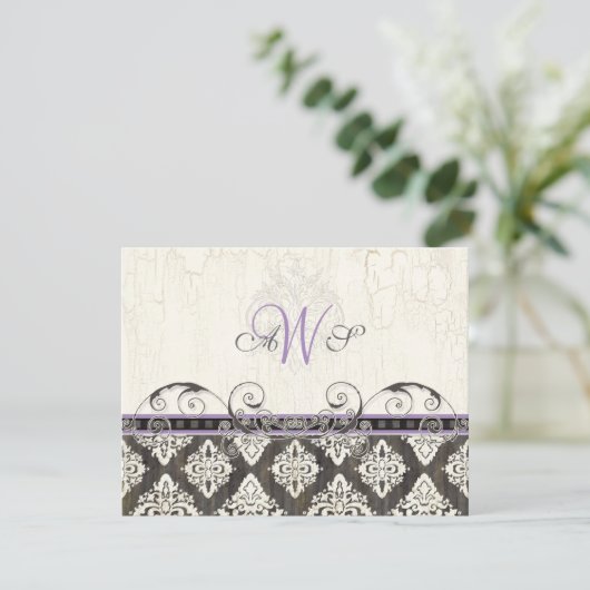 Black'n White Damask (lila) RSVP-reactiekaart RSVP Kaartje (Staand voorkant)