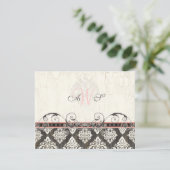 Black'n White Damask (roze) RSVP-reactiekaart RSVP Kaartje (Staand voorkant)