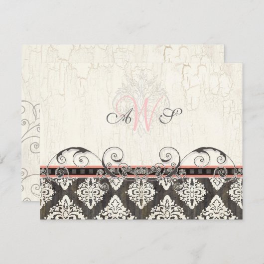 Black'n White Damask (roze) RSVP-reactiekaart RSVP Kaartje (Voorkant / Achterkant)
