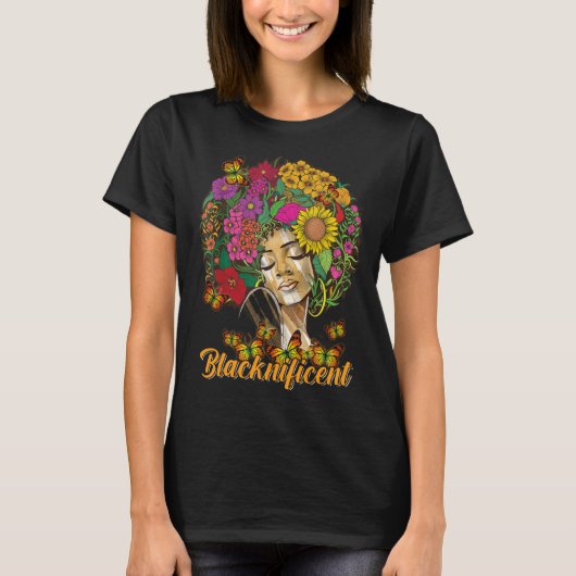 Blacknificent Floral Afro Hair Butterfly African A T-shirt (Voorkant)