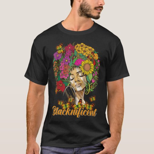 Blacknificent Floral Afro Hair Butterfly African A T-shirt (Voorkant)