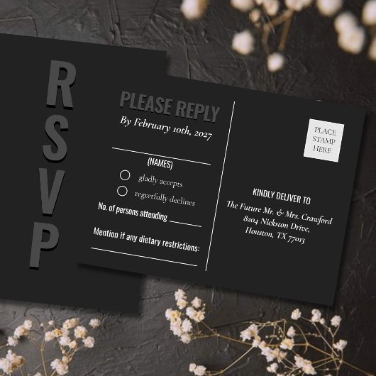 Blackout Minimalist Wedding Response Post Card Briefkaart